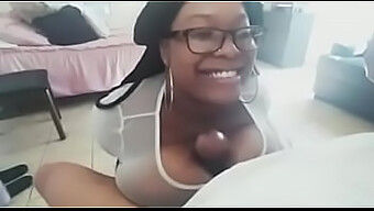 Bald-headed black wife with big boobs gives a titjob that makes him ejaculate instantly